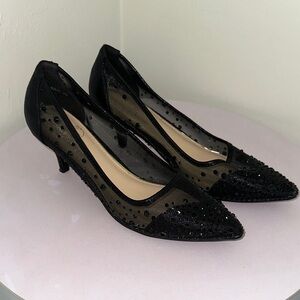 Juicy Couture Black Mesh Pointed Kitten Heel Pumps with Beaded Accents